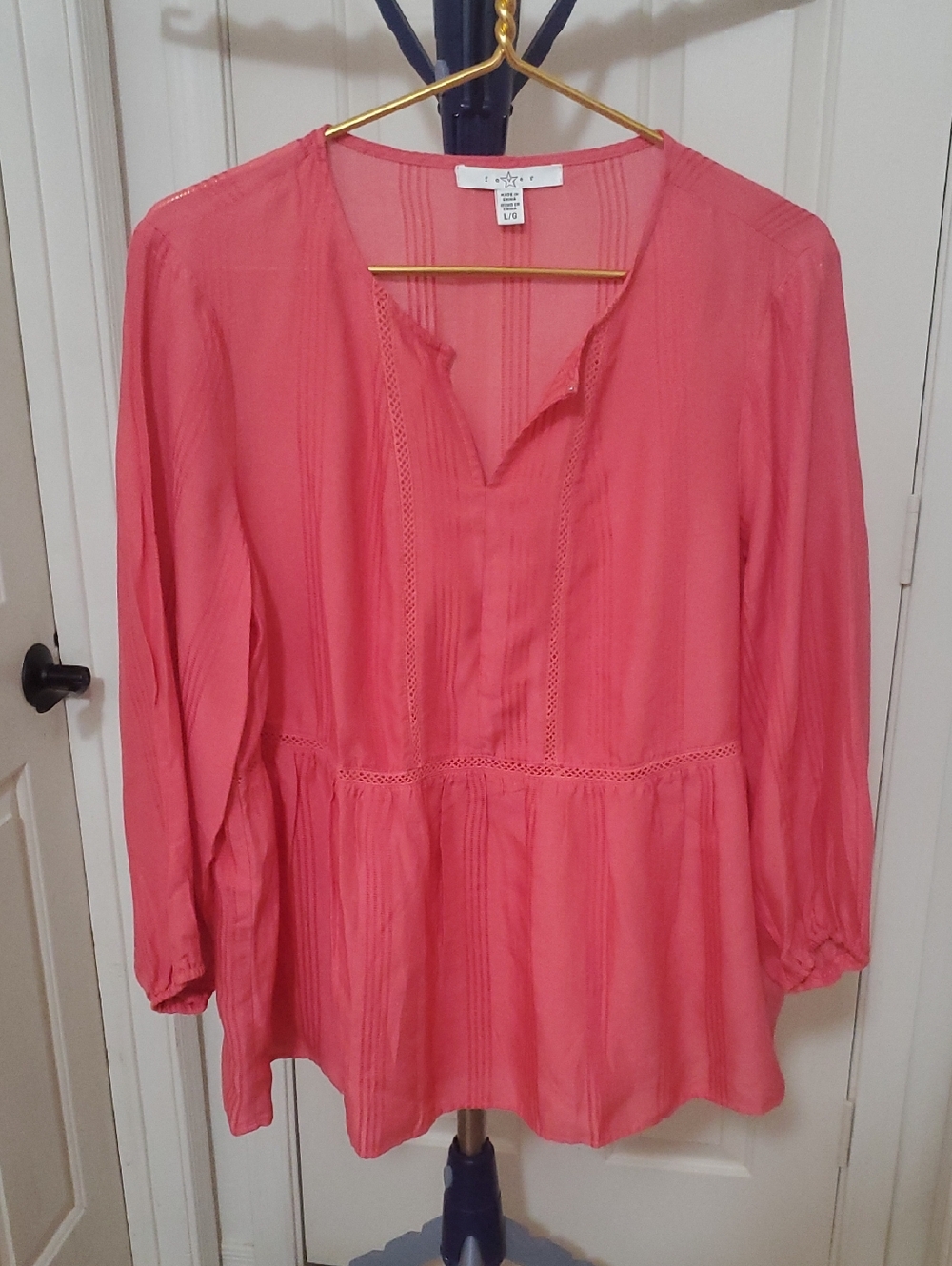 Fever Coral Peasant Tunic with Pintuck & Lace Trim